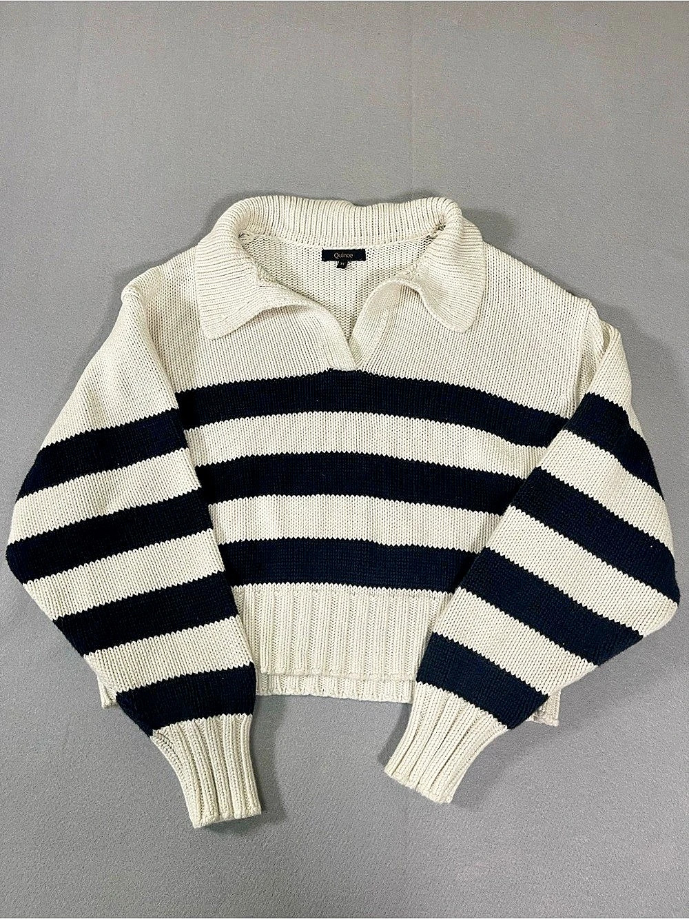 Quince Organic Cotton Cropped Polo Sweater Black Cream Striped XL